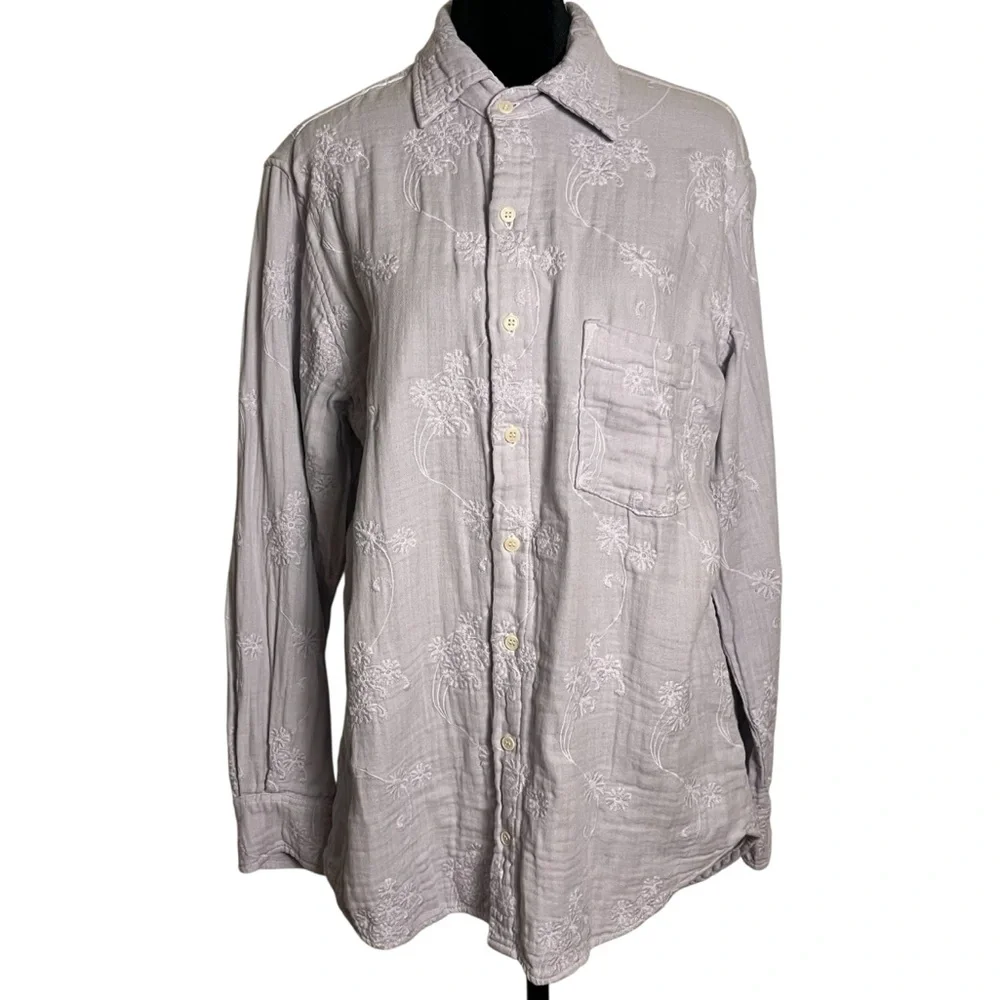 CP SHADES Washed Lilac Embroidered Cotton Gauze Long Sleeve Button Up Shirt — S - Picture 2 of 11